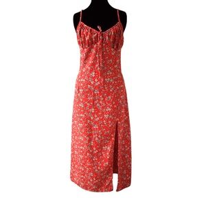 Red Floral Slip Dress with Side Slit